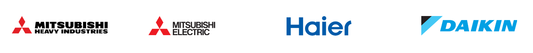 Logo’s van Mitsubishi Heavy Industries, Mitsubishi Electric, Haier en Daikin airco merken