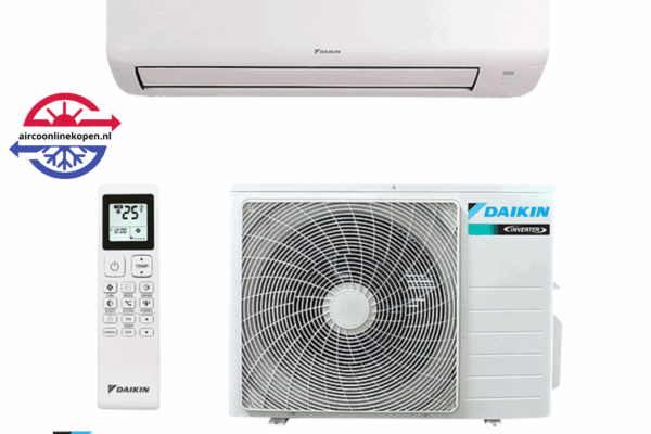Complete Daikin airco set met binnenunit, buitenunit en afstandsbediening – geleverd door aircoonlinekopen.nl en geïnstalleerd door Grijzeboom.