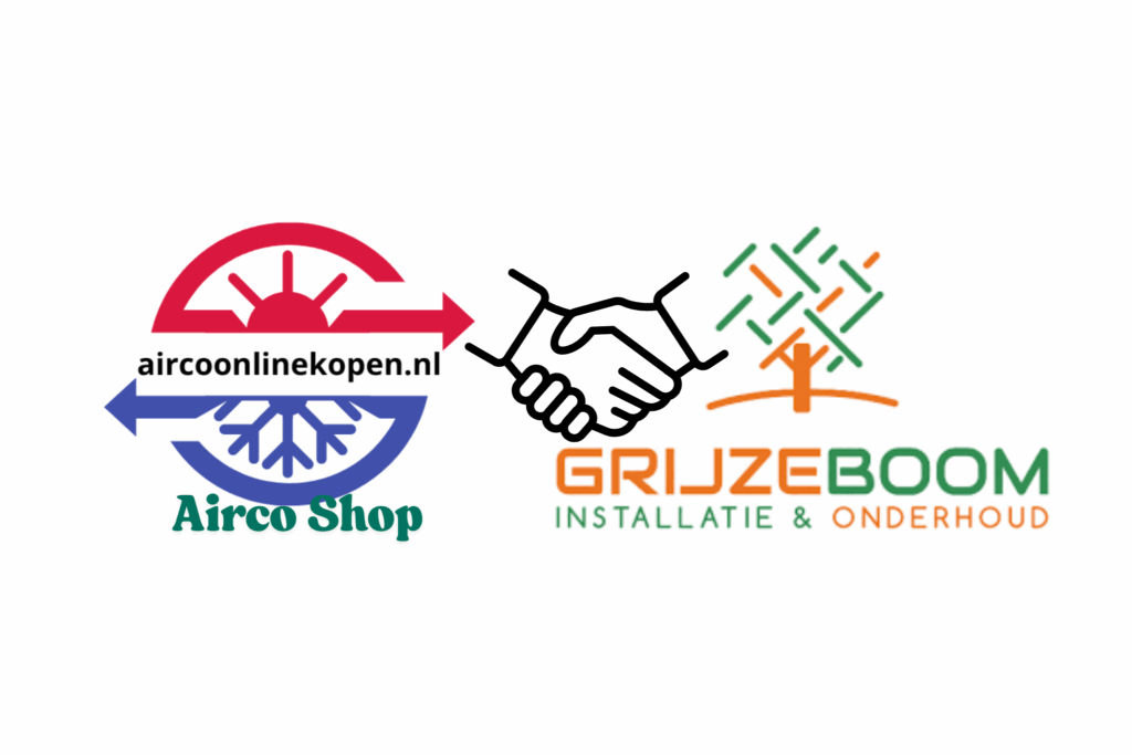 Logo’s van Aircoonlinekopen.nl en Grijzeboom Installatie & Onderhoud met handdruk, symbool voor hun samenwerking in airco-installatie en onderhoud