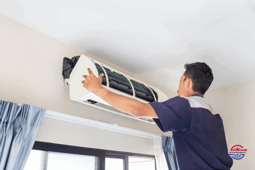 Gecertificeerde installateur plaatst airconditioning aan de muur – aangeboden door AircoOnlineKopen.nl