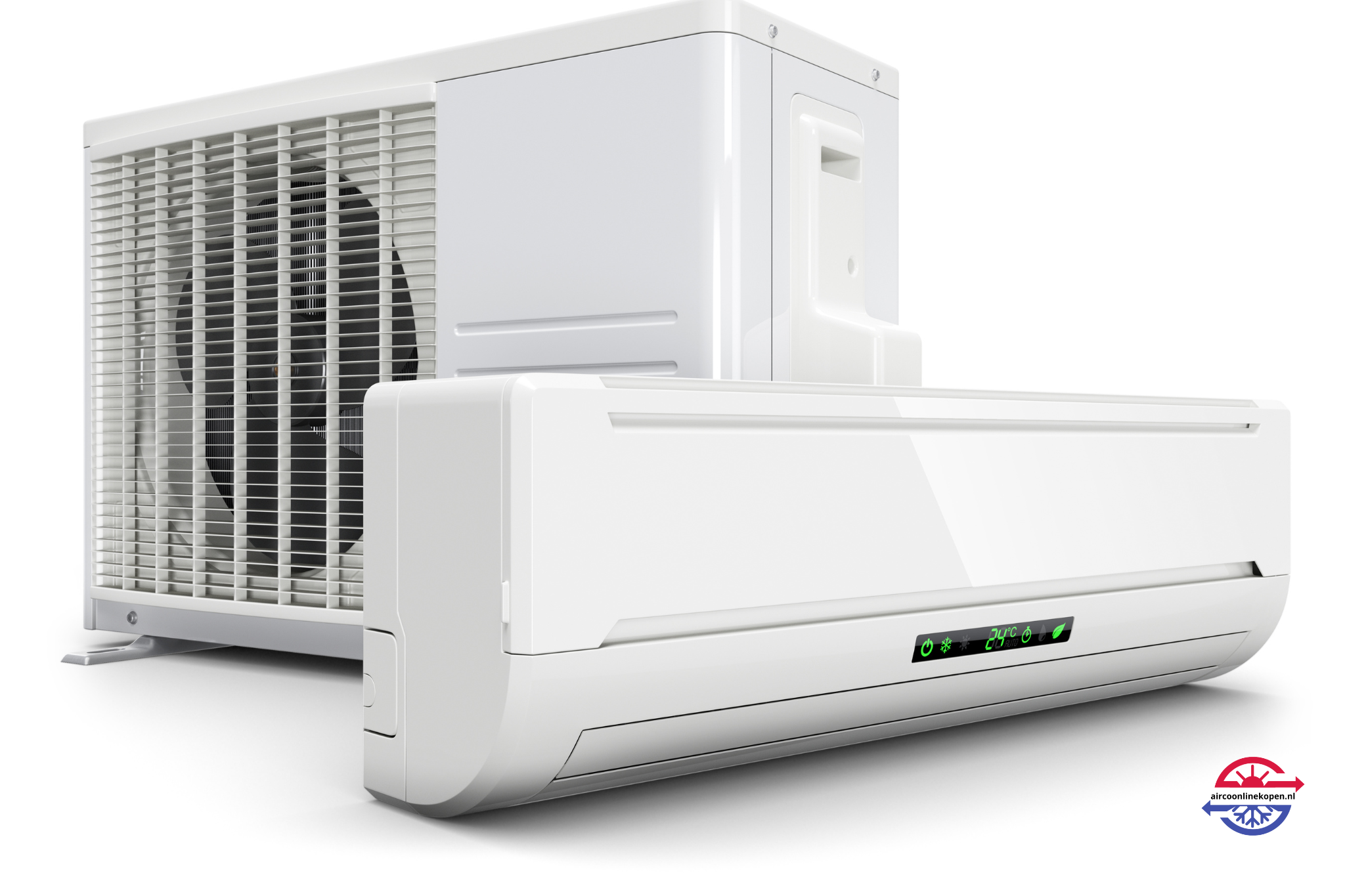 Moderne split airco met digitale temperatuurweergave en buitenunit