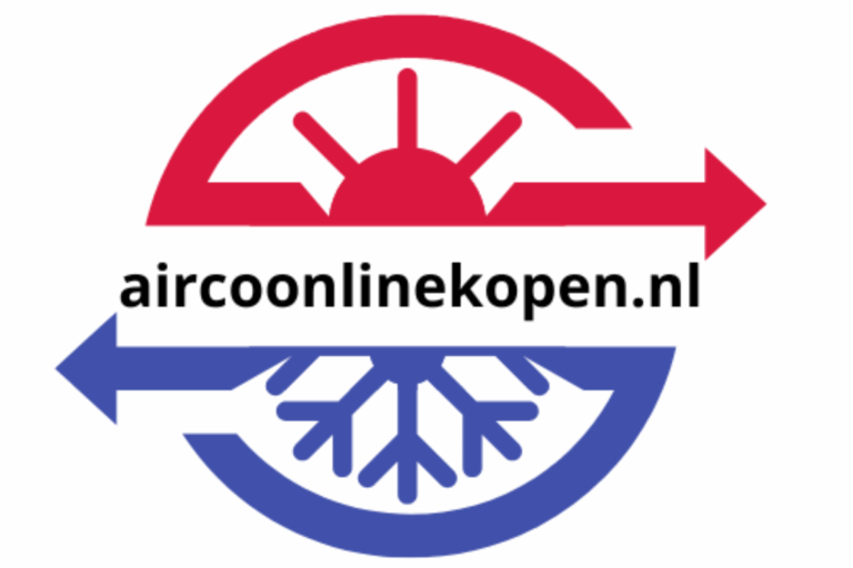 Logo van AircoOnlineKopen.nl met rode zon en blauwe sneeuwvlok in circulair ontwerp