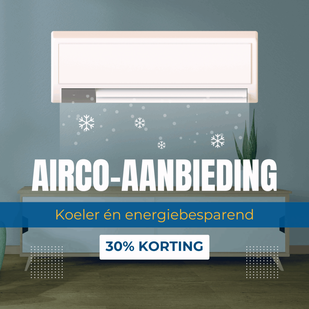 Witte wandairco blaast koele lucht met sneeuwvlokken in moderne woonkamer – 30% korting op airco via aircoonlinekopen.nl