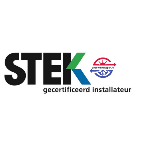 STEK gecertificeerd installateur logo met aircoonlinekopen.nl keurmerk