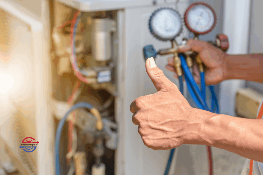 Controle van airco-installatie met manometers en duim omhoog na succesvolle montage